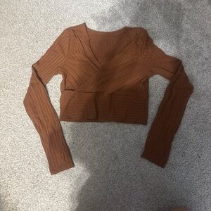 SHEIN Brown Ribbed Crop Top with Long Sleeves